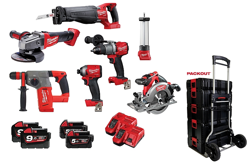 סט 6 כלים בעגלה MILWAUKEE 18V דגם FUEL MEGA SET עם 4 סוללות 5A/9A